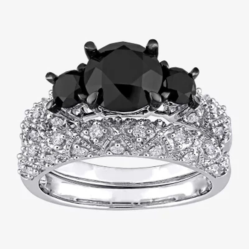 Midnight Black Womens 3 CT. T.W. Natural Diamond 10K White Gold Round Side Stone 3-Stone Bridal Set