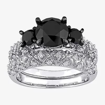 Midnight Black Womens 3 CT. T.W. Natural Diamond 10K White Gold Round Side Stone 3-Stone Bridal Set
