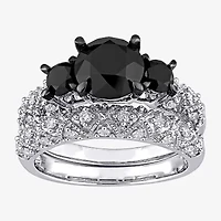 Midnight Black Womens 3 CT. T.W. Natural Diamond 10K White Gold Round Side Stone 3-Stone Bridal Set
