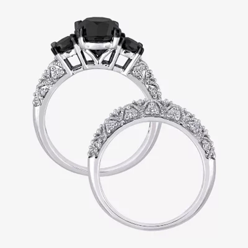 Midnight Black Womens 3 CT. T.W. Natural Diamond 10K White Gold Round Side Stone 3-Stone Bridal Set