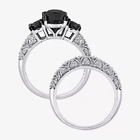 Midnight Black Womens 3 CT. T.W. Natural Diamond 10K White Gold Round Side Stone 3-Stone Bridal Set