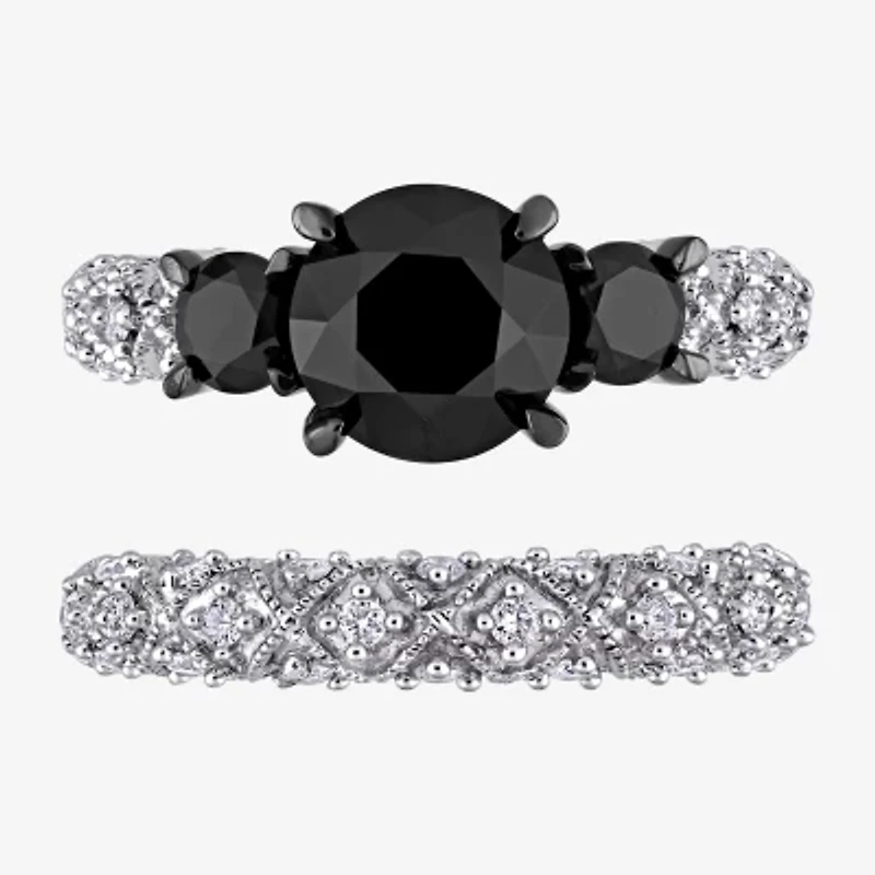 Midnight Black Womens 3 CT. T.W. Natural Diamond 10K White Gold Round Side Stone 3-Stone Bridal Set