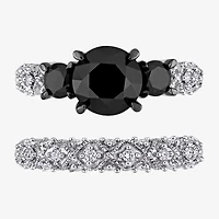 Midnight Black Womens 3 CT. T.W. Natural Diamond 10K White Gold Round Side Stone 3-Stone Bridal Set