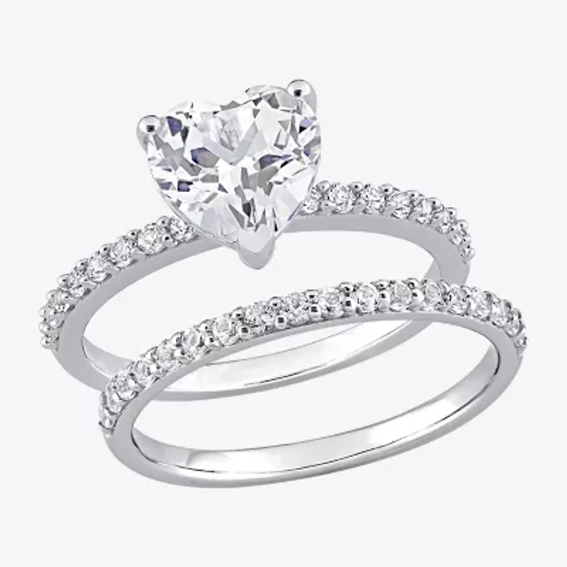 Womens Lab Created White Sapphire 10K Gold Heart Side Stone Bridal Set
