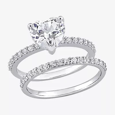 Womens Lab Created White Sapphire 10K Gold Heart Side Stone Bridal Set