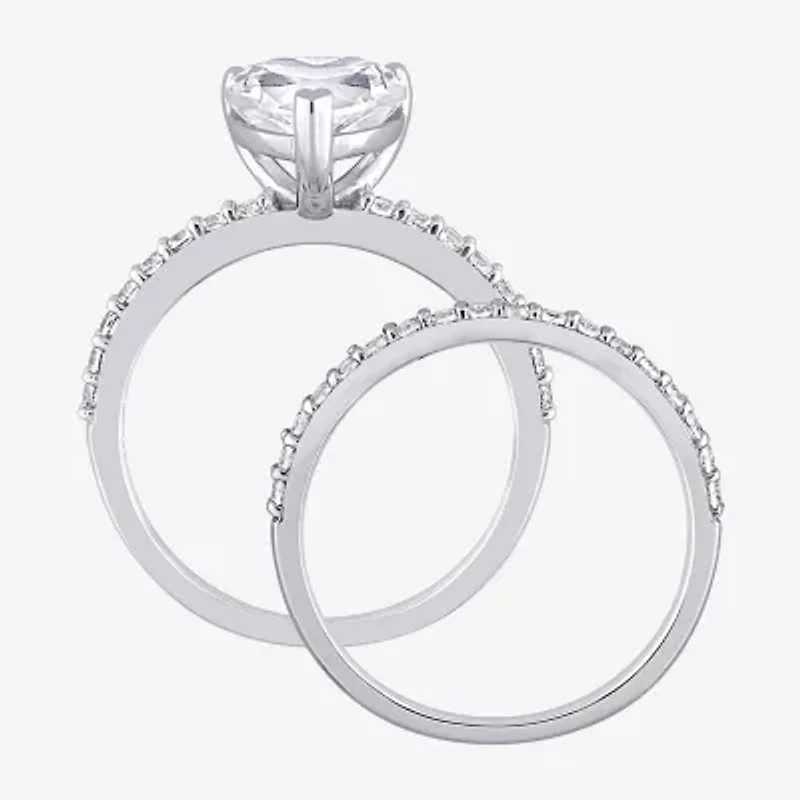 Womens Lab Created White Sapphire 10K Gold Heart Side Stone Bridal Set