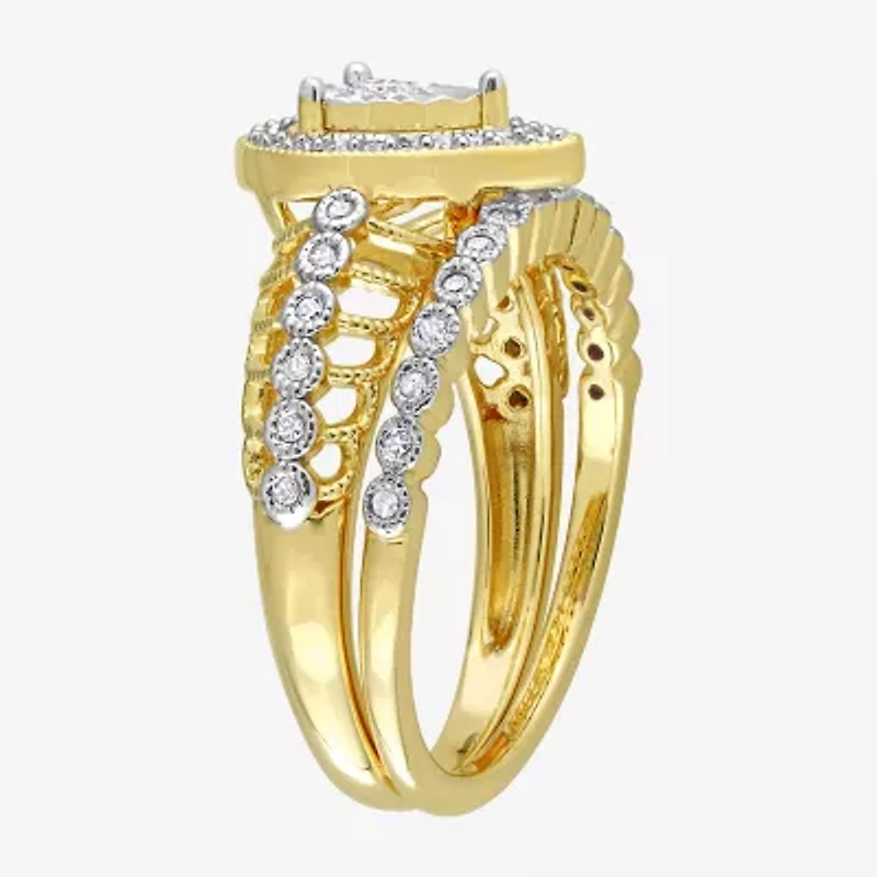 Womens 1/3 CT. T.W. Natural White Diamond 18K Gold Over Silver Pear Side Stone Halo Bridal Set