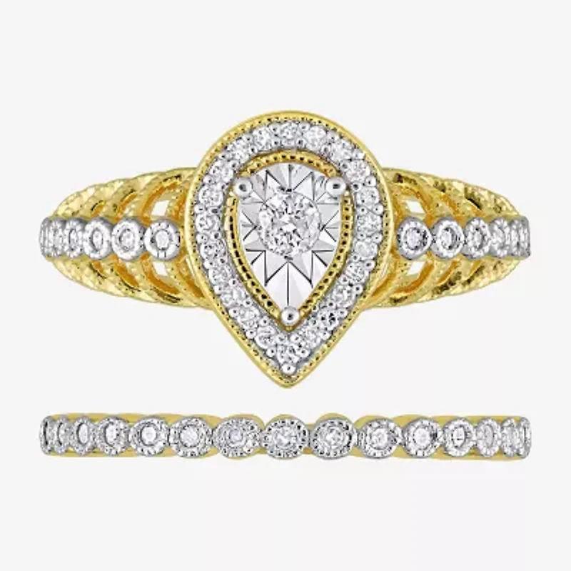 Womens 1/3 CT. T.W. Natural White Diamond 18K Gold Over Silver Pear Side Stone Halo Bridal Set