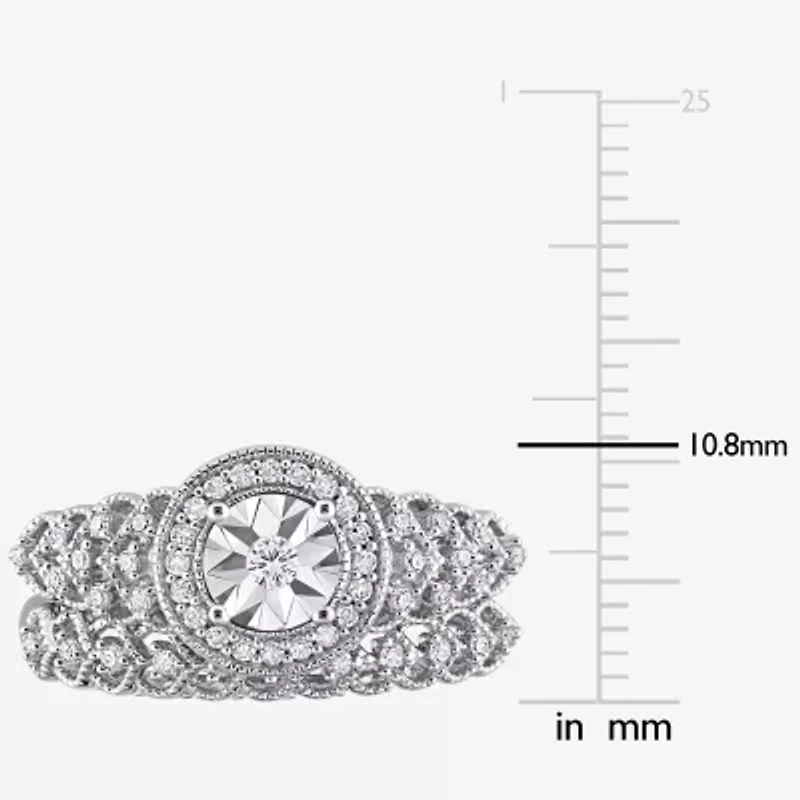 Womens 1/3 CT. T.W. Natural White Diamond Sterling Silver Round Side Stone Halo Bridal Set