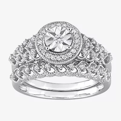Womens 1/3 CT. T.W. Natural White Diamond Sterling Silver Round Side Stone Halo Bridal Set