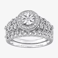 Womens 1/3 CT. T.W. Natural White Diamond Sterling Silver Round Side Stone Halo Bridal Set