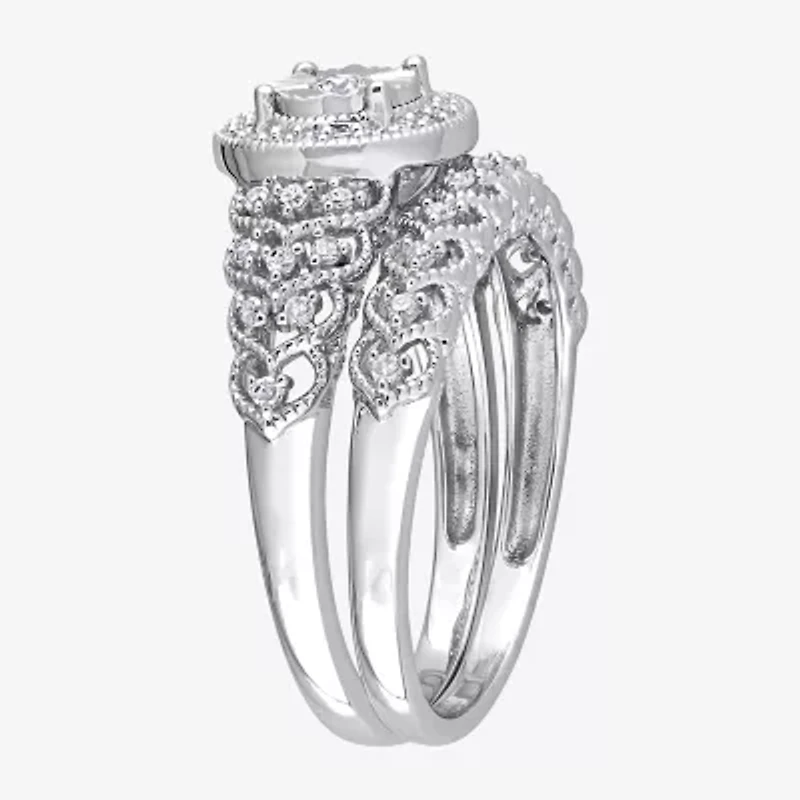 Womens 1/3 CT. T.W. Natural White Diamond Sterling Silver Round Side Stone Halo Bridal Set