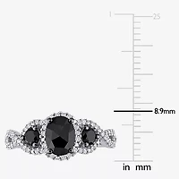Midnight Black Womens 1 1/3 CT. T.W. Natural Diamond 14K White Gold Oval Side Stone 3-Stone Engagement Ring