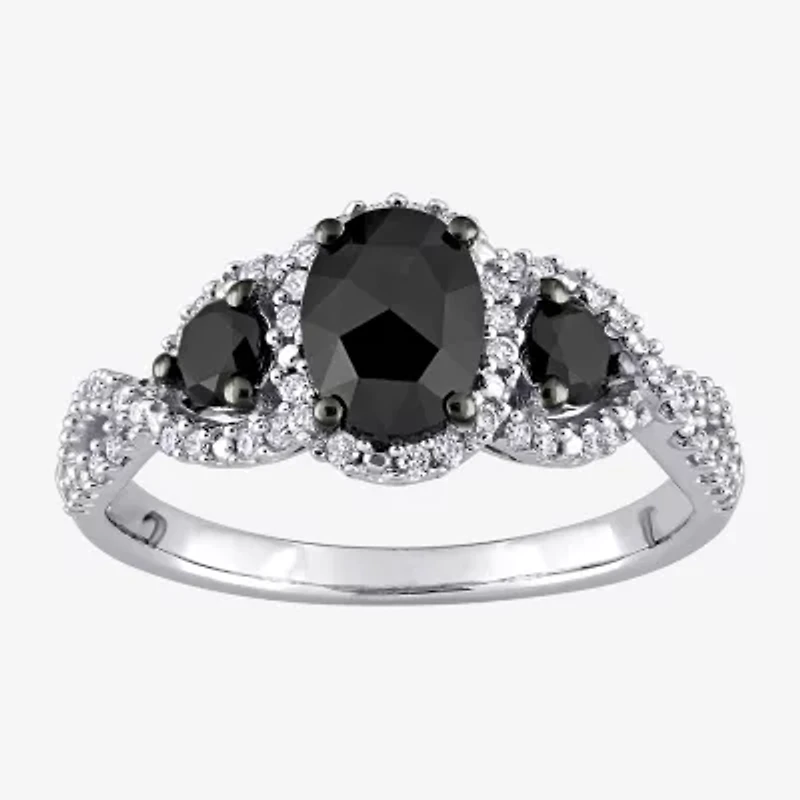 Midnight Black Womens 1 1/3 CT. T.W. Natural Diamond 14K White Gold Oval Side Stone 3-Stone Engagement Ring