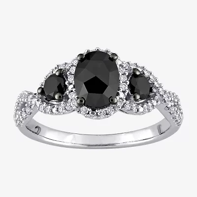 Midnight Black Womens 1 1/3 CT. T.W. Natural Diamond 14K White Gold Oval Side Stone 3-Stone Engagement Ring
