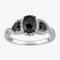 Midnight Black Womens 1 1/3 CT. T.W. Natural Diamond 14K White Gold Oval Side Stone 3-Stone Engagement Ring