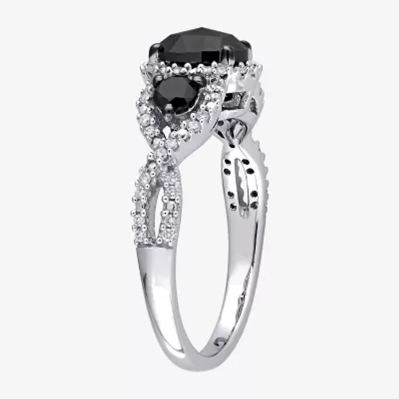 Midnight Black Womens 1 1/3 CT. T.W. Natural Diamond 14K White Gold Oval Side Stone 3-Stone Engagement Ring