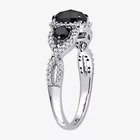 Midnight Black Womens 1 1/3 CT. T.W. Natural Diamond 14K White Gold Oval Side Stone 3-Stone Engagement Ring