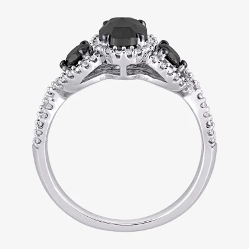 Midnight Black Womens 1 1/3 CT. T.W. Natural Diamond 14K White Gold Oval Side Stone 3-Stone Engagement Ring