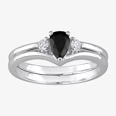 Midnight Black Womens 5/8 CT. T.W. Natural Diamond 10K White Gold Pear 3-Stone Bridal Set