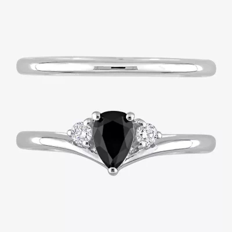 Midnight Black Womens 5/8 CT. T.W. Natural Diamond 10K White Gold Pear 3-Stone Bridal Set