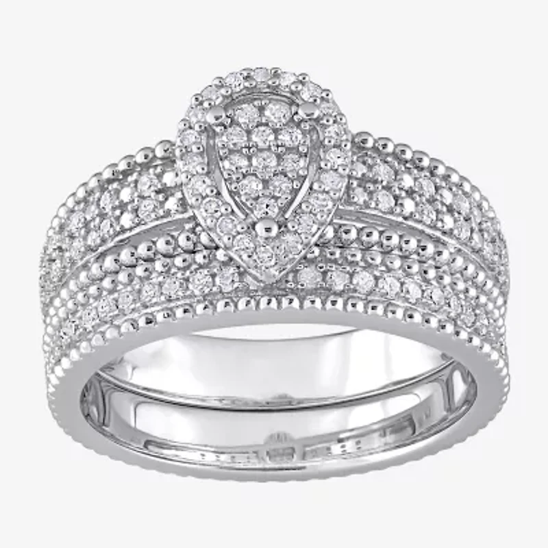 Womens 1/3 CT. T.W. Natural White Diamond Sterling Silver Pear Side Stone Halo Bridal Set