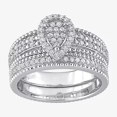 Womens 1/3 CT. T.W. Natural White Diamond Sterling Silver Pear Side Stone Halo Bridal Set