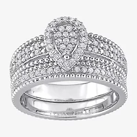 Womens 1/3 CT. T.W. Natural White Diamond Sterling Silver Pear Side Stone Halo Bridal Set