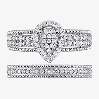 Womens 1/3 CT. T.W. Natural White Diamond Sterling Silver Pear Side Stone Halo Bridal Set
