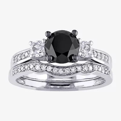 Midnight Black Womens 7/8 CT. T.W. Natural Diamond 10K White Gold Round Side Stone 3-Stone Bridal Set
