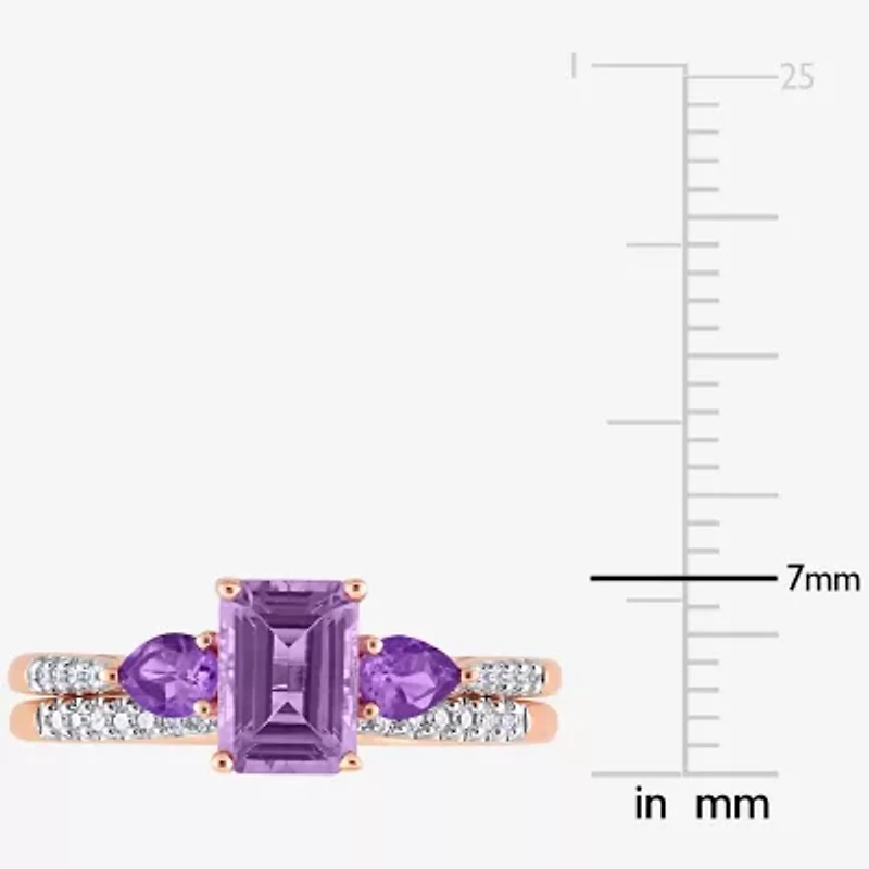 Womens 1/10 CT. T.W. Genuine Purple Amethyst 10K Rose Gold Side Stone 3-Stone Bridal Set