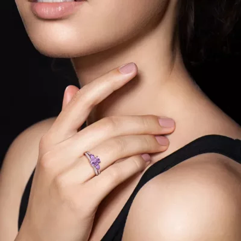 Womens 1/10 CT. T.W. Genuine Purple Amethyst 10K Rose Gold Side Stone 3-Stone Bridal Set