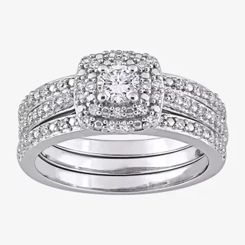 Womens 1/2 CT. T.W. Natural White Diamond Sterling Silver Cushion Side Stone Halo Bridal Set