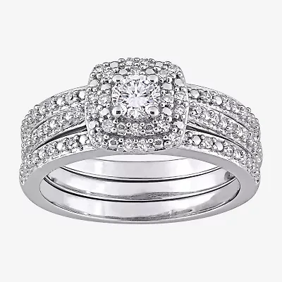 Womens 1/2 CT. T.W. Natural White Diamond Sterling Silver Cushion Side Stone Halo Bridal Set