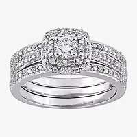 Womens 1/2 CT. T.W. Natural White Diamond Sterling Silver Cushion Side Stone Halo Bridal Set