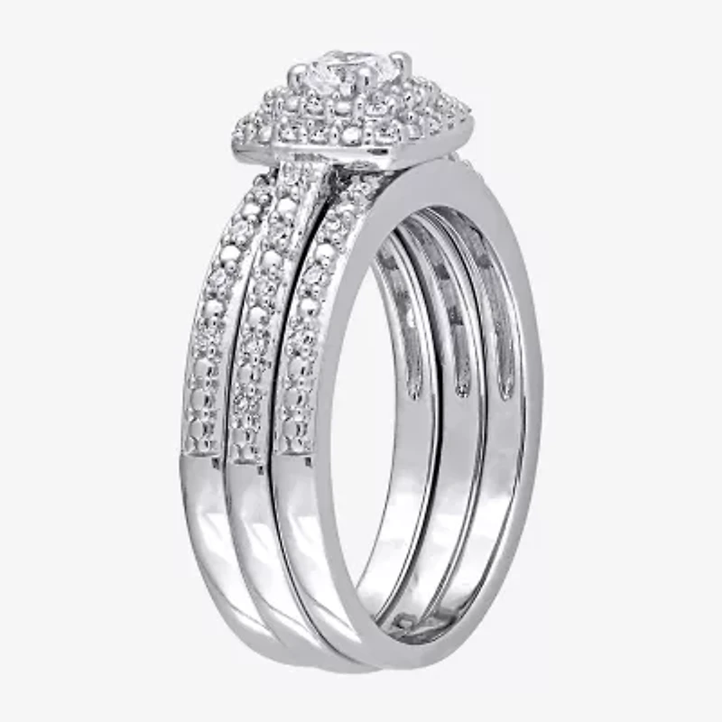 Womens 1/2 CT. T.W. Natural White Diamond Sterling Silver Cushion Side Stone Halo Bridal Set