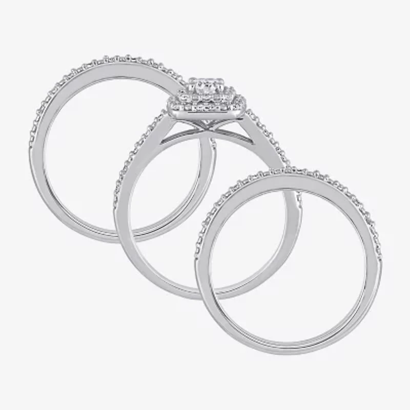 Womens 1/2 CT. T.W. Natural White Diamond Sterling Silver Cushion Side Stone Halo Bridal Set