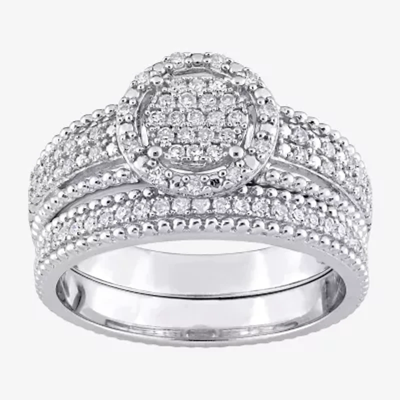 Womens 1/3 CT. T.W. Natural White Diamond Sterling Silver Round Side Stone Halo Bridal Set