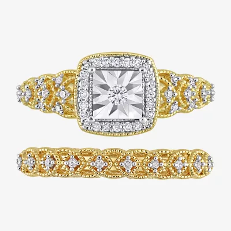 Womens 1/4 CT. T.W. Natural White Diamond 18K Gold Over Silver Cushion Side Stone Halo Bridal Set