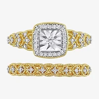 Womens 1/4 CT. T.W. Natural White Diamond 18K Gold Over Silver Cushion Side Stone Halo Bridal Set