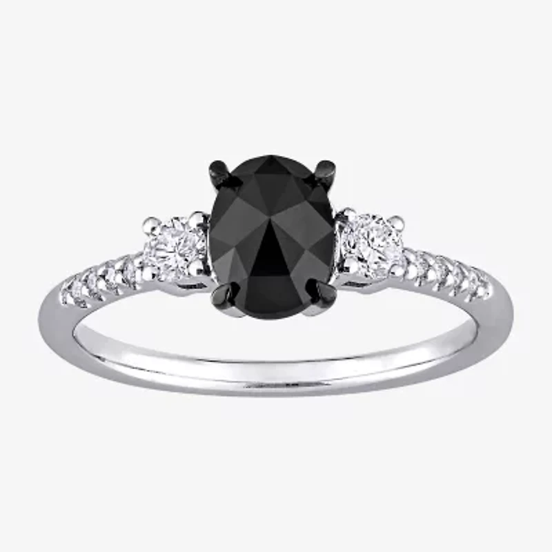 Midnight Black Womens 1 1/5 CT. T.W. Natural Diamond 14K White Gold Oval Side Stone 3-Stone Engagement Ring