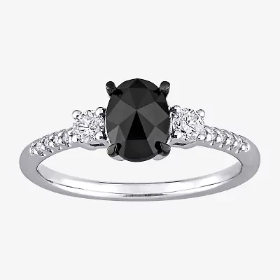 Midnight Black Womens 1 1/5 CT. T.W. Natural Diamond 14K White Gold Oval Side Stone 3-Stone Engagement Ring