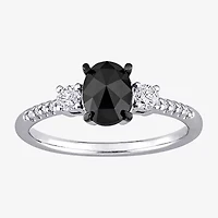 Midnight Black Womens 1 1/5 CT. T.W. Natural Diamond 14K White Gold Oval Side Stone 3-Stone Engagement Ring