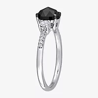 Midnight Black Womens 1 1/5 CT. T.W. Natural Diamond 14K White Gold Oval Side Stone 3-Stone Engagement Ring