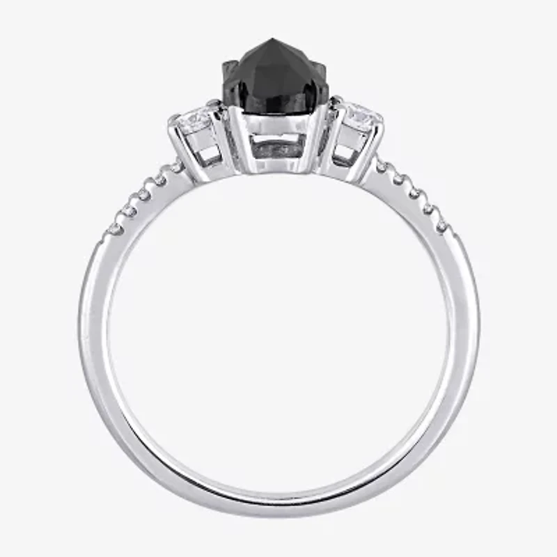 Midnight Black Womens 1 1/5 CT. T.W. Natural Diamond 14K White Gold Oval Side Stone 3-Stone Engagement Ring
