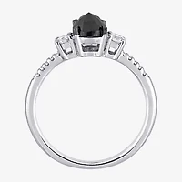 Midnight Black Womens 1 1/5 CT. T.W. Natural Diamond 14K White Gold Oval Side Stone 3-Stone Engagement Ring