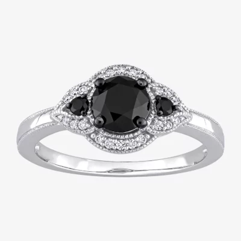 Midnight Black Womens 1 1/7 CT. T.W. Natural Diamond 14K White Gold Round 3-Stone Engagement Ring