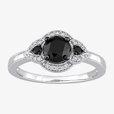 Midnight Black Womens 1 1/7 CT. T.W. Natural Diamond 14K White Gold Round 3-Stone Engagement Ring
