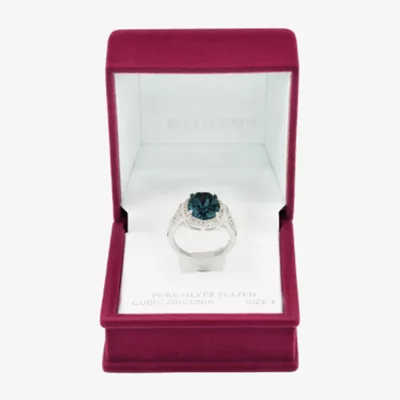 Sparkle Allure Split Shank Womens Blue Crystal Pure Silver Over Brass Oval Halo Cocktail Ring