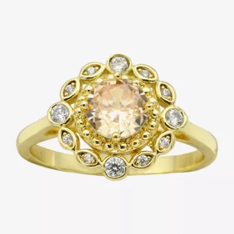 Sparkle Allure Double Halo Womens Champagne Cubic Zirconia 14K Gold Over Brass Round Cocktail Ring